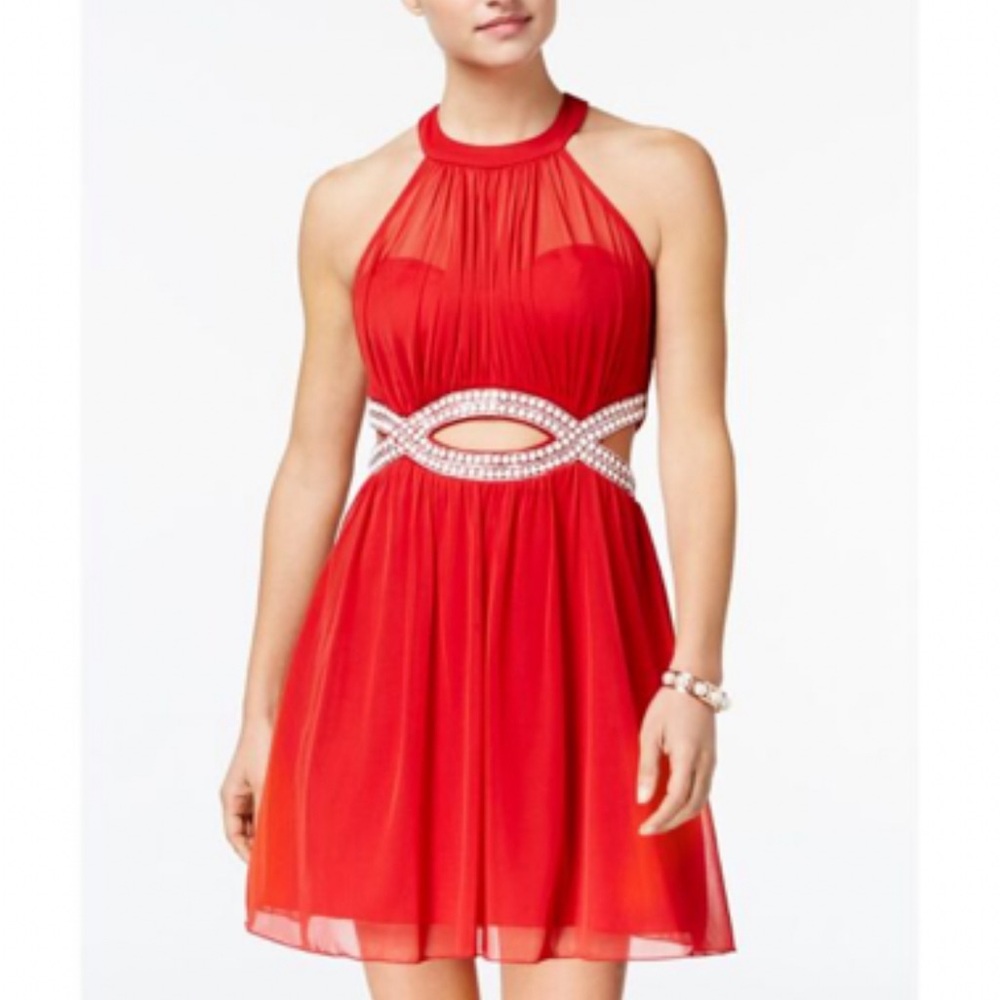 NWT Speechless Red Halter Fit & Flare Dress, Pearl Detail & Cutouts - NYE Party